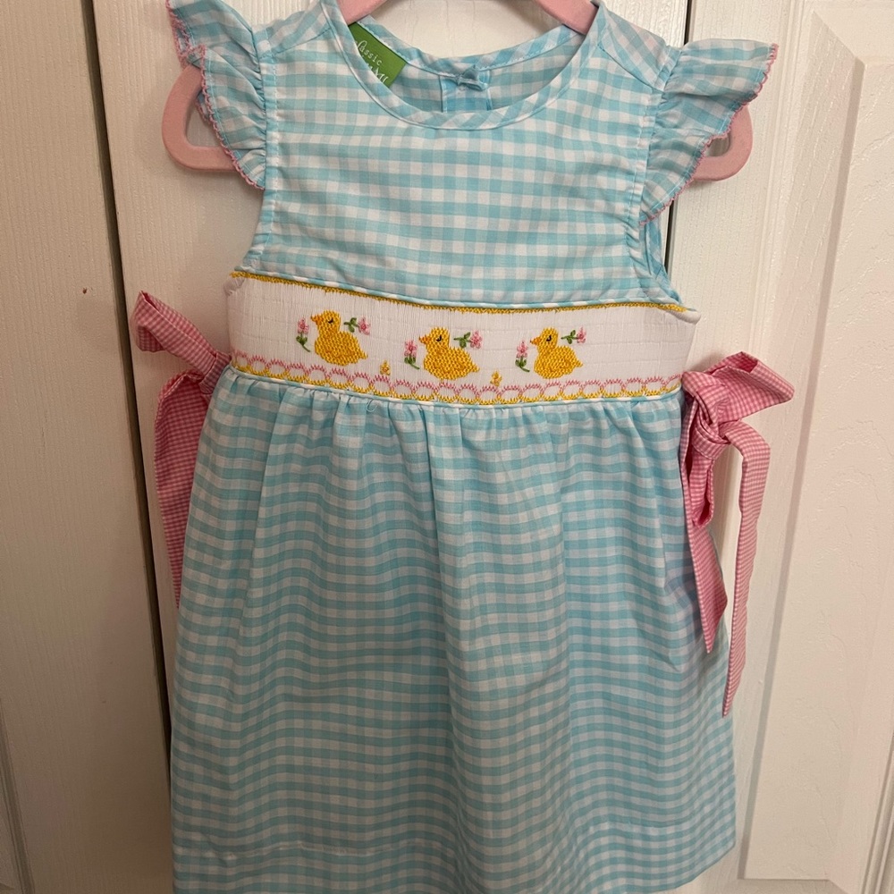 Classic Whimsy Easter Duckling Smocked Turquoise Beverly Dress • Sister set